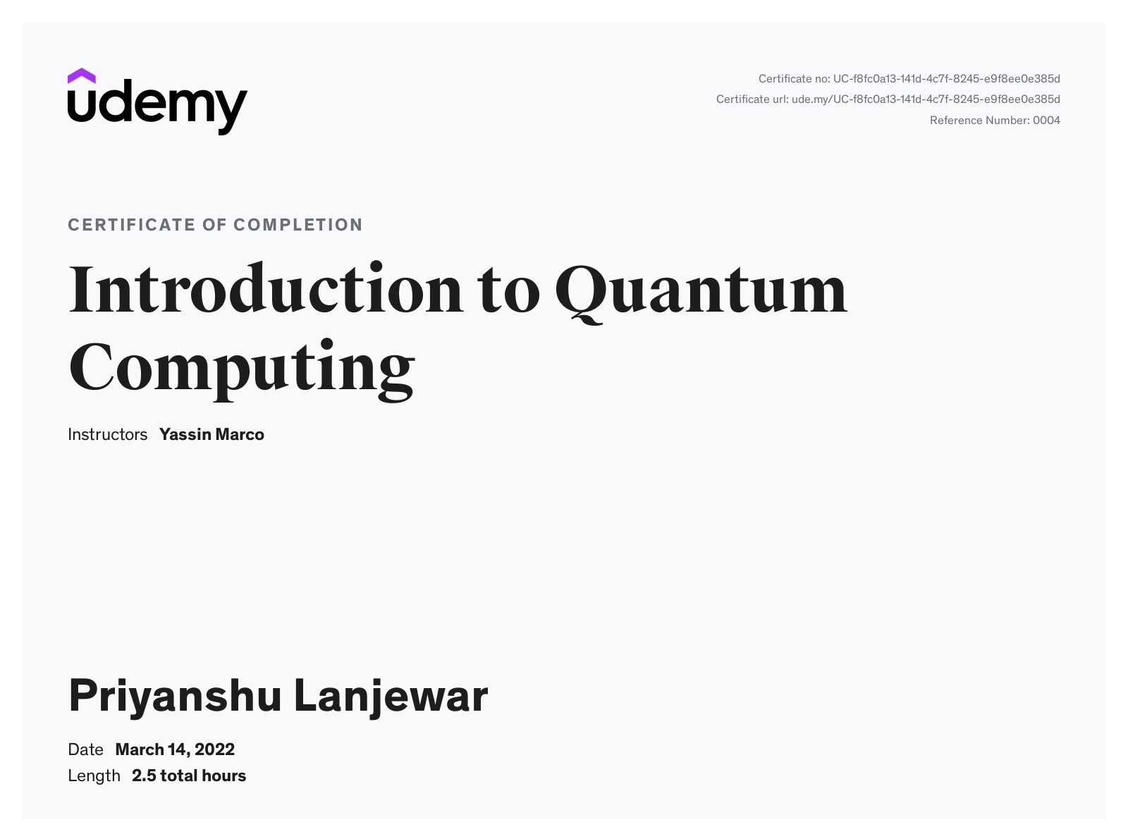 Quantam Computing Certificate